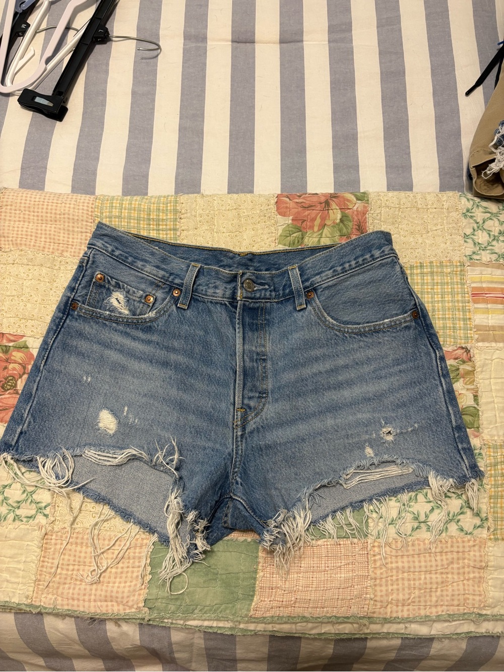 Levi's Distressed Light Blue High-Rise Jean Shorts